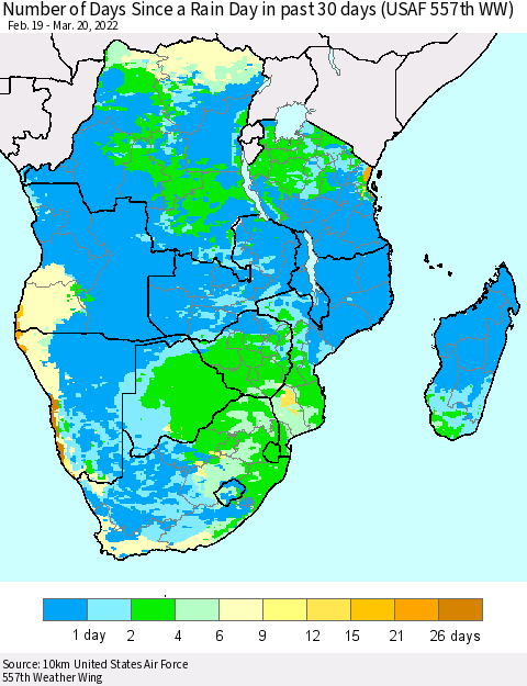 Southern Africa Number of Days Since a Rain Day in past 30 days (USAF 557th WW) Thematic Map For 3/16/2022 - 3/20/2022