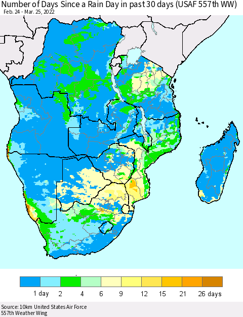 Southern Africa Number of Days Since a Rain Day in past 30 days (USAF 557th WW) Thematic Map For 3/21/2022 - 3/25/2022