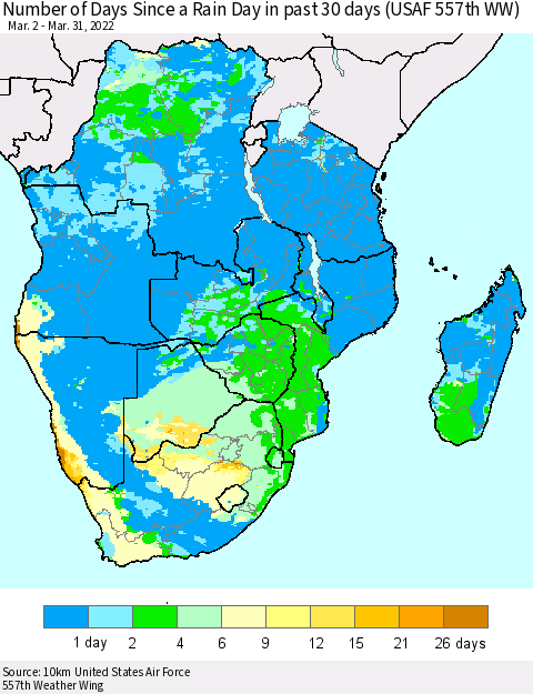 Southern Africa Number of Days Since a Rain Day in past 30 days (USAF 557th WW) Thematic Map For 3/26/2022 - 3/31/2022