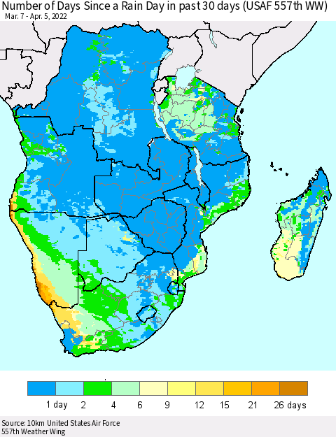 Southern Africa Number of Days Since a Rain Day in past 30 days (USAF 557th WW) Thematic Map For 4/1/2022 - 4/5/2022