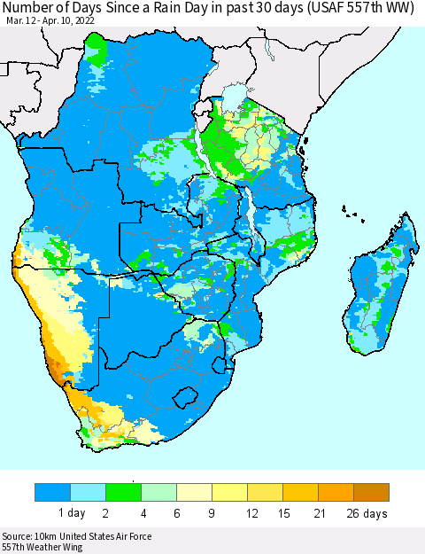 Southern Africa Number of Days Since a Rain Day in past 30 days (USAF 557th WW) Thematic Map For 4/6/2022 - 4/10/2022
