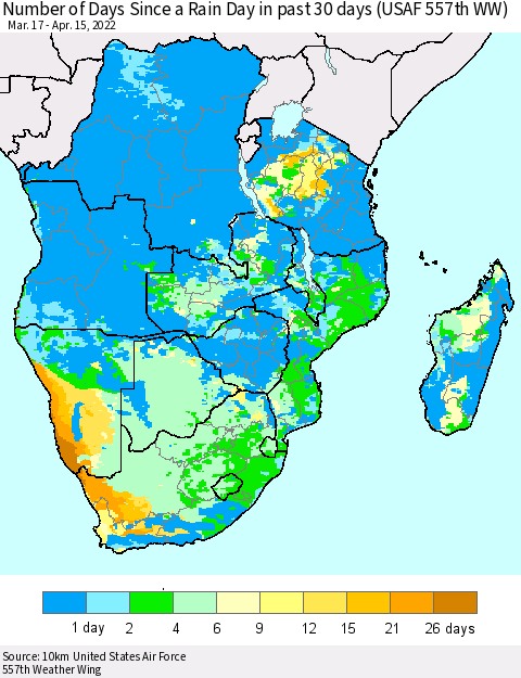 Southern Africa Number of Days Since a Rain Day in past 30 days (USAF 557th WW) Thematic Map For 4/11/2022 - 4/15/2022