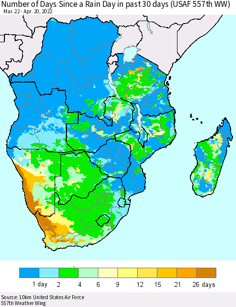 Southern Africa Number of Days Since a Rain Day in past 30 days (USAF 557th WW) Thematic Map For 4/16/2022 - 4/20/2022