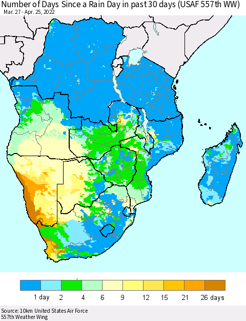 Southern Africa Number of Days Since a Rain Day in past 30 days (USAF 557th WW) Thematic Map For 4/21/2022 - 4/25/2022