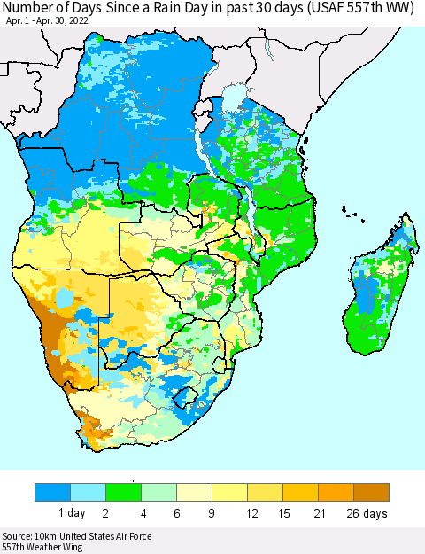 Southern Africa Number of Days Since a Rain Day in past 30 days (USAF 557th WW) Thematic Map For 4/26/2022 - 4/30/2022