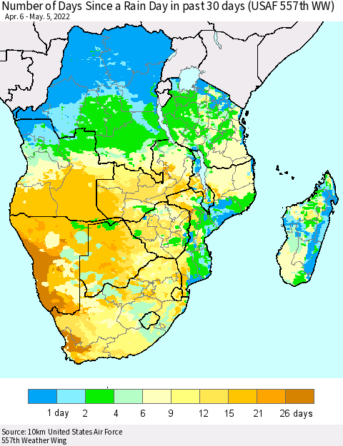 Southern Africa Number of Days Since a Rain Day in past 30 days (USAF 557th WW) Thematic Map For 5/1/2022 - 5/5/2022