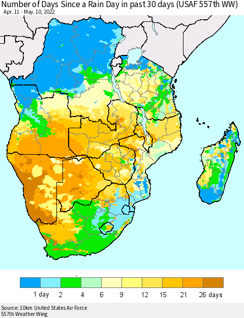 Southern Africa Number of Days Since a Rain Day in past 30 days (USAF 557th WW) Thematic Map For 5/6/2022 - 5/10/2022
