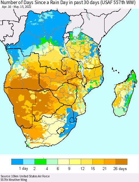 Southern Africa Number of Days Since a Rain Day in past 30 days (USAF 557th WW) Thematic Map For 5/11/2022 - 5/15/2022