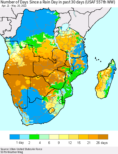 Southern Africa Number of Days Since a Rain Day in past 30 days (USAF 557th WW) Thematic Map For 5/16/2022 - 5/20/2022
