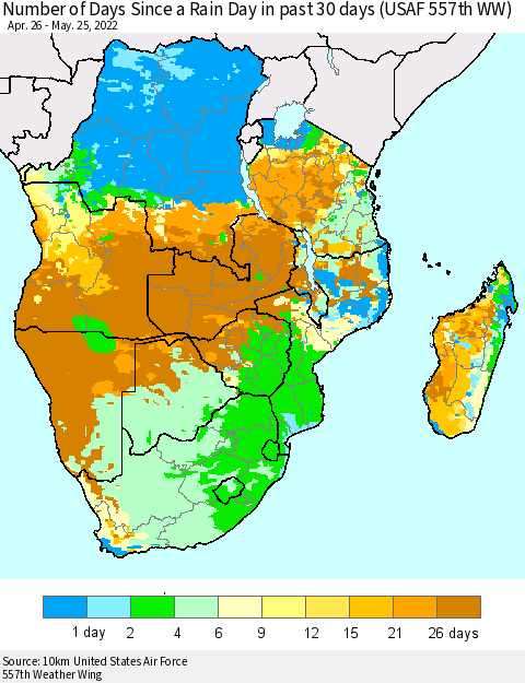 Southern Africa Number of Days Since a Rain Day in past 30 days (USAF 557th WW) Thematic Map For 5/21/2022 - 5/25/2022