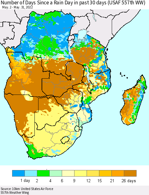 Southern Africa Number of Days Since a Rain Day in past 30 days (USAF 557th WW) Thematic Map For 5/26/2022 - 5/31/2022