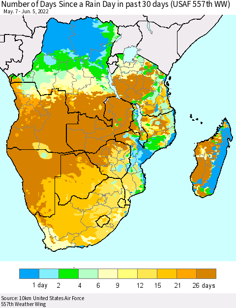 Southern Africa Number of Days Since a Rain Day in past 30 days (USAF 557th WW) Thematic Map For 6/1/2022 - 6/5/2022