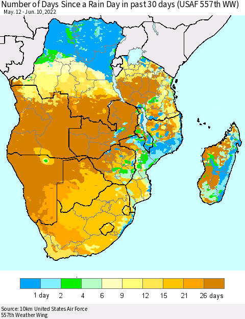 Southern Africa Number of Days Since a Rain Day in past 30 days (USAF 557th WW) Thematic Map For 6/6/2022 - 6/10/2022