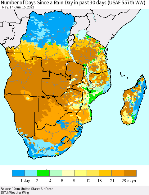 Southern Africa Number of Days Since a Rain Day in past 30 days (USAF 557th WW) Thematic Map For 6/11/2022 - 6/15/2022