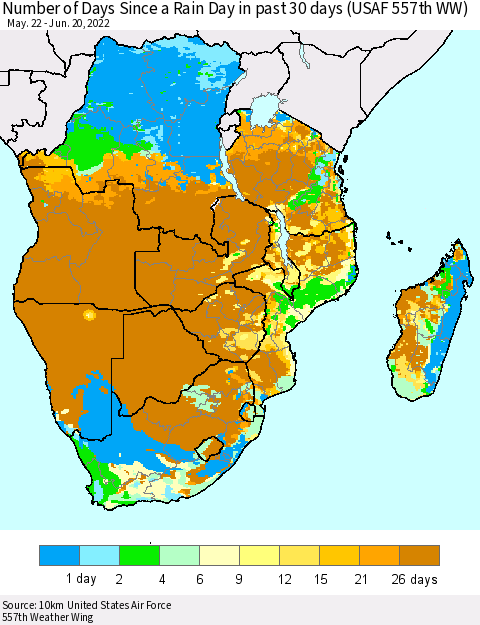 Southern Africa Number of Days Since a Rain Day in past 30 days (USAF 557th WW) Thematic Map For 6/16/2022 - 6/20/2022
