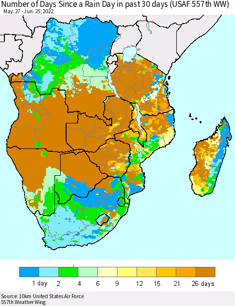 Southern Africa Number of Days Since a Rain Day in past 30 days (USAF 557th WW) Thematic Map For 6/21/2022 - 6/25/2022