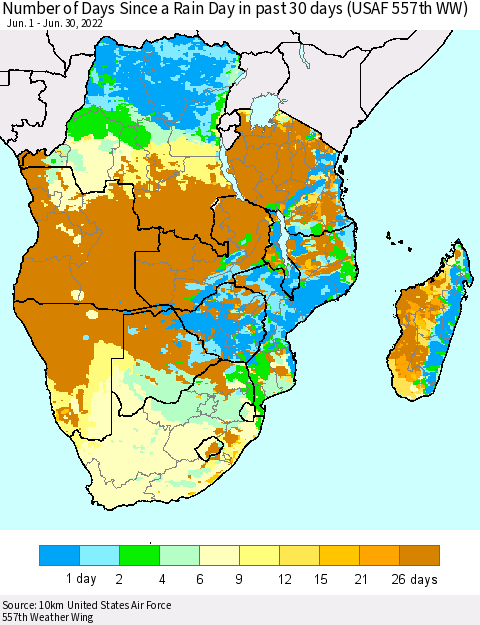 Southern Africa Number of Days Since a Rain Day in past 30 days (USAF 557th WW) Thematic Map For 6/26/2022 - 6/30/2022