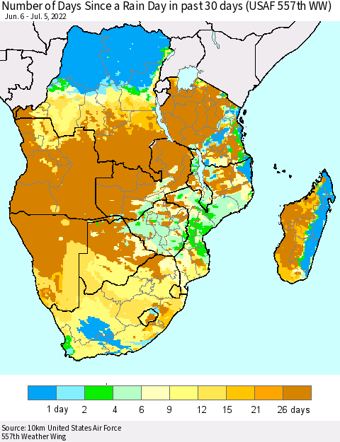 Southern Africa Number of Days Since a Rain Day in past 30 days (USAF 557th WW) Thematic Map For 7/1/2022 - 7/5/2022