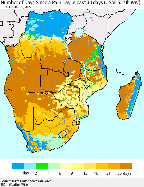 Southern Africa Number of Days Since a Rain Day in past 30 days (USAF 557th WW) Thematic Map For 7/6/2022 - 7/10/2022