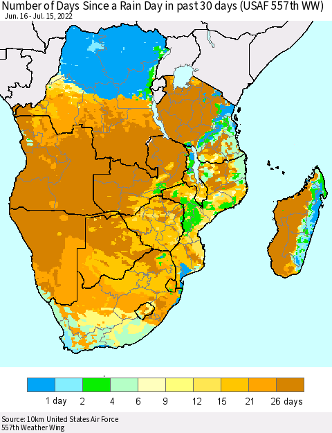 Southern Africa Number of Days Since a Rain Day in past 30 days (USAF 557th WW) Thematic Map For 7/11/2022 - 7/15/2022
