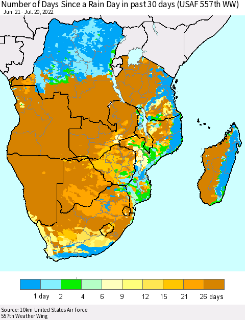 Southern Africa Number of Days Since a Rain Day in past 30 days (USAF 557th WW) Thematic Map For 7/16/2022 - 7/20/2022