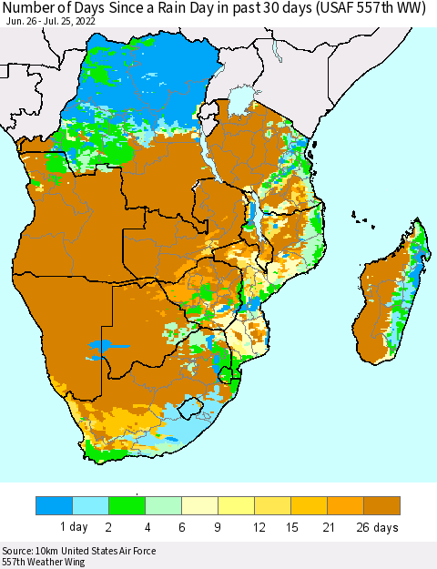 Southern Africa Number of Days Since a Rain Day in past 30 days (USAF 557th WW) Thematic Map For 7/21/2022 - 7/25/2022