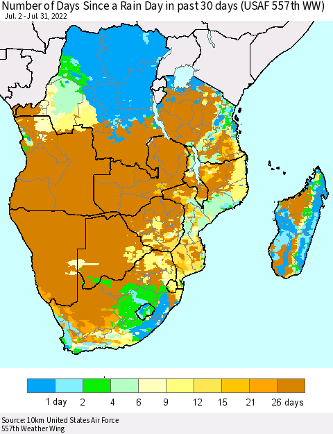 Southern Africa Number of Days Since a Rain Day in past 30 days (USAF 557th WW) Thematic Map For 7/26/2022 - 7/31/2022