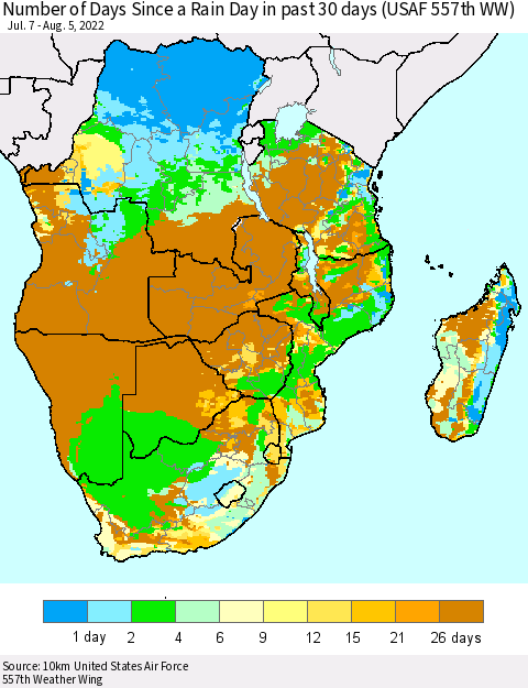 Southern Africa Number of Days Since a Rain Day in past 30 days (USAF 557th WW) Thematic Map For 8/1/2022 - 8/5/2022