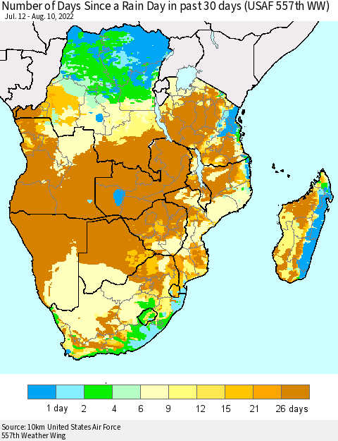 Southern Africa Number of Days Since a Rain Day in past 30 days (USAF 557th WW) Thematic Map For 8/6/2022 - 8/10/2022