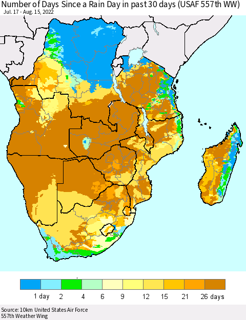 Southern Africa Number of Days Since a Rain Day in past 30 days (USAF 557th WW) Thematic Map For 8/11/2022 - 8/15/2022