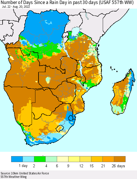 Southern Africa Number of Days Since a Rain Day in past 30 days (USAF 557th WW) Thematic Map For 8/16/2022 - 8/20/2022