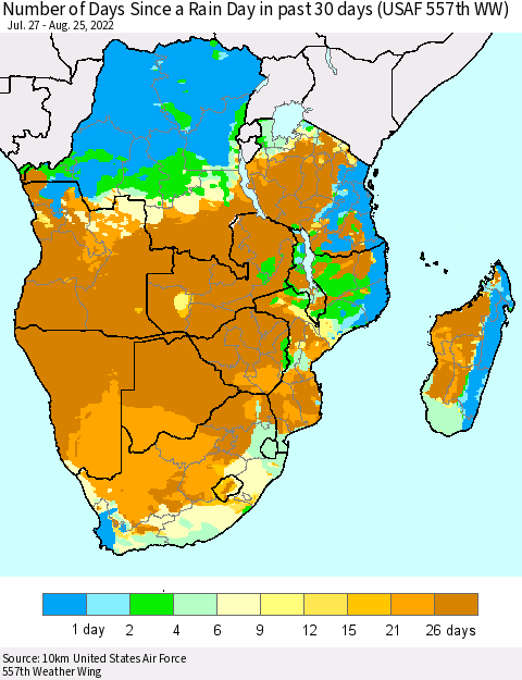 Southern Africa Number of Days Since a Rain Day in past 30 days (USAF 557th WW) Thematic Map For 8/21/2022 - 8/25/2022