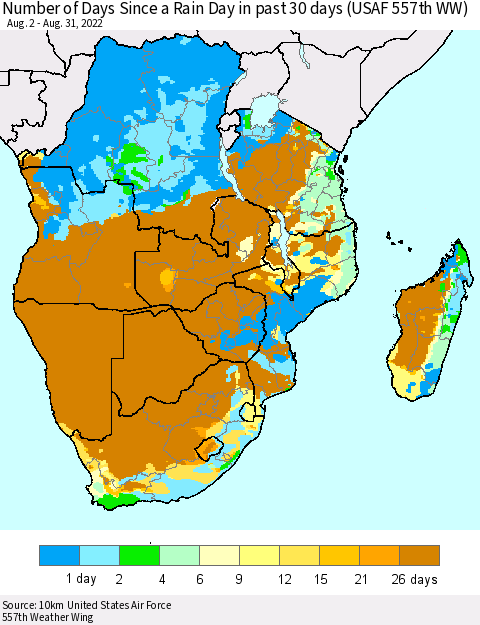 Southern Africa Number of Days Since a Rain Day in past 30 days (USAF 557th WW) Thematic Map For 8/26/2022 - 8/31/2022