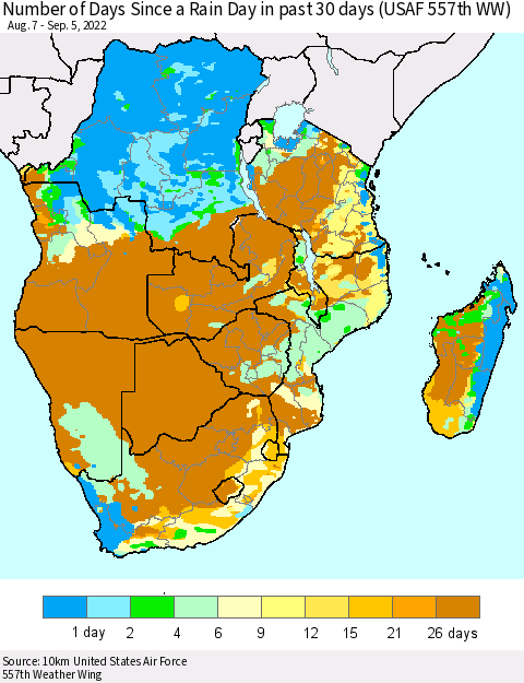 Southern Africa Number of Days Since a Rain Day in past 30 days (USAF 557th WW) Thematic Map For 9/1/2022 - 9/5/2022