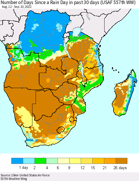Southern Africa Number of Days Since a Rain Day in past 30 days (USAF 557th WW) Thematic Map For 9/6/2022 - 9/10/2022