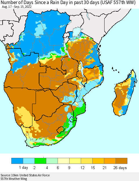 Southern Africa Number of Days Since a Rain Day in past 30 days (USAF 557th WW) Thematic Map For 9/11/2022 - 9/15/2022