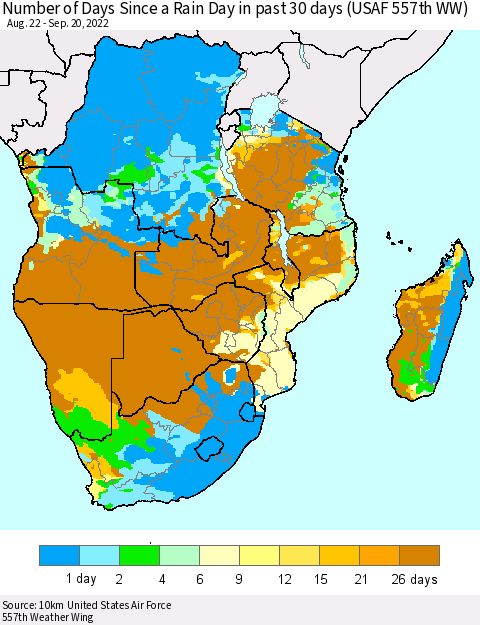 Southern Africa Number of Days Since a Rain Day in past 30 days (USAF 557th WW) Thematic Map For 9/16/2022 - 9/20/2022