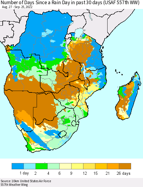 Southern Africa Number of Days Since a Rain Day in past 30 days (USAF 557th WW) Thematic Map For 9/21/2022 - 9/25/2022