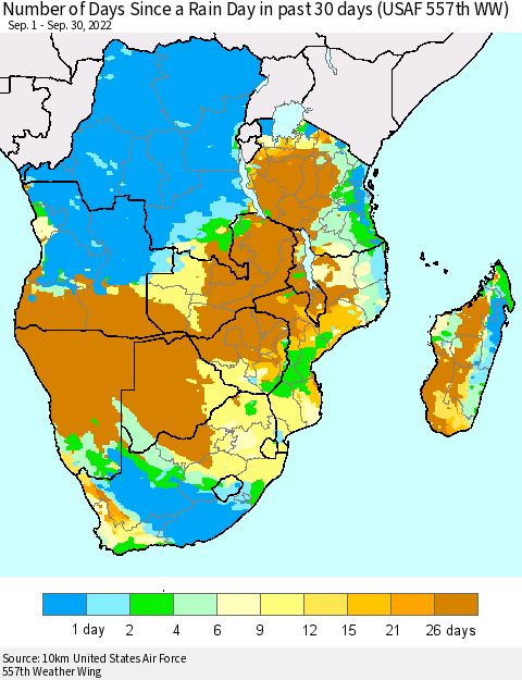 Southern Africa Number of Days Since a Rain Day in past 30 days (USAF 557th WW) Thematic Map For 9/26/2022 - 9/30/2022