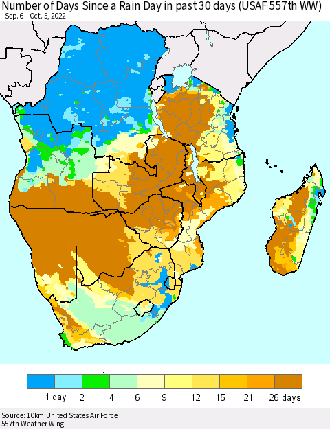 Southern Africa Number of Days Since a Rain Day in past 30 days (USAF 557th WW) Thematic Map For 10/1/2022 - 10/5/2022