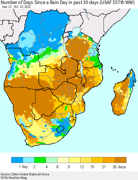 Southern Africa Number of Days Since a Rain Day in past 30 days (USAF 557th WW) Thematic Map For 10/6/2022 - 10/10/2022