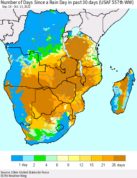 Southern Africa Number of Days Since a Rain Day in past 30 days (USAF 557th WW) Thematic Map For 10/11/2022 - 10/15/2022