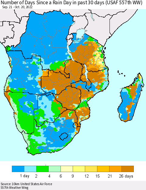 Southern Africa Number of Days Since a Rain Day in past 30 days (USAF 557th WW) Thematic Map For 10/16/2022 - 10/20/2022