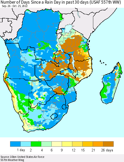 Southern Africa Number of Days Since a Rain Day in past 30 days (USAF 557th WW) Thematic Map For 10/21/2022 - 10/25/2022