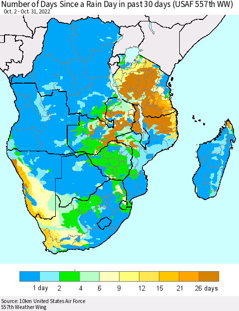 Southern Africa Number of Days Since a Rain Day in past 30 days (USAF 557th WW) Thematic Map For 10/26/2022 - 10/31/2022