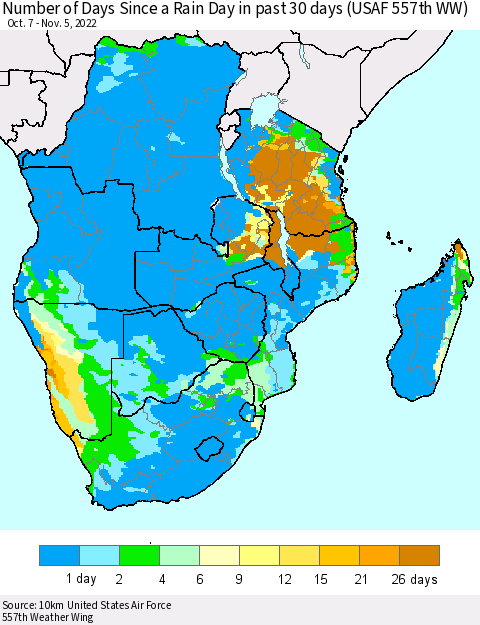 Southern Africa Number of Days Since a Rain Day in past 30 days (USAF 557th WW) Thematic Map For 11/1/2022 - 11/5/2022