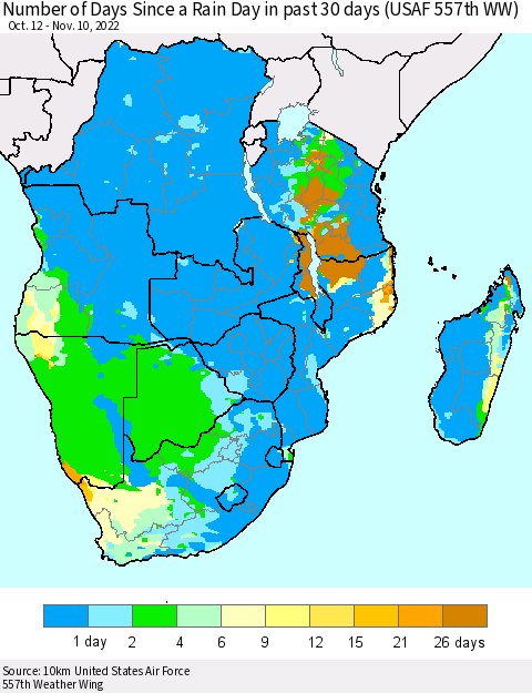 Southern Africa Number of Days Since a Rain Day in past 30 days (USAF 557th WW) Thematic Map For 11/6/2022 - 11/10/2022