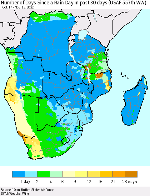 Southern Africa Number of Days Since a Rain Day in past 30 days (USAF 557th WW) Thematic Map For 11/11/2022 - 11/15/2022