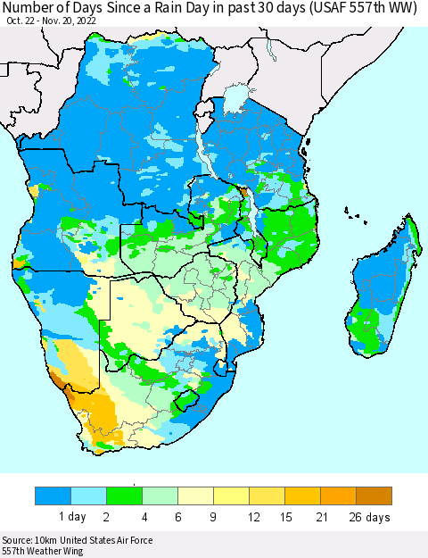 Southern Africa Number of Days Since a Rain Day in past 30 days (USAF 557th WW) Thematic Map For 11/16/2022 - 11/20/2022