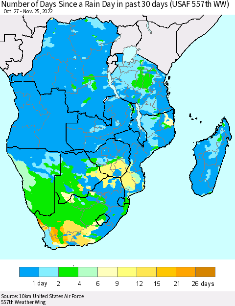 Southern Africa Number of Days Since a Rain Day in past 30 days (USAF 557th WW) Thematic Map For 11/21/2022 - 11/25/2022
